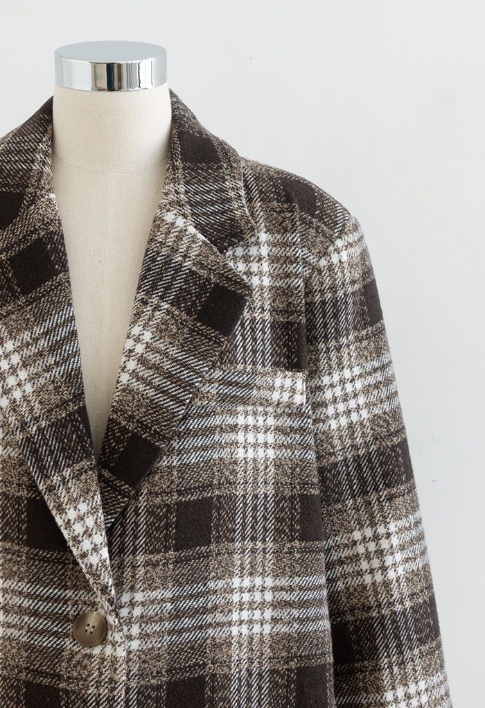 Abrigo largo de mezcla de lana a cuadros escoceses marrón