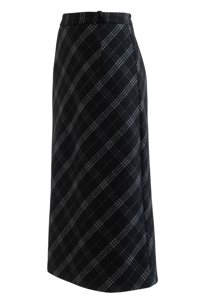 Falda midi de tubo de mezcla de lana con estampado de cuadros en negro