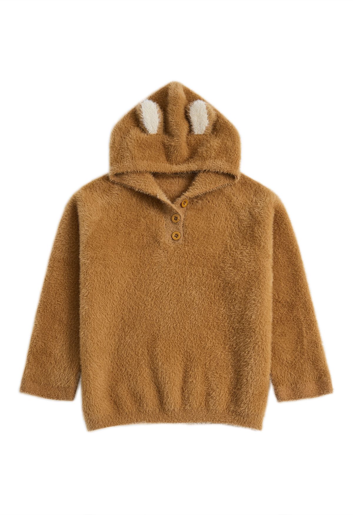 Lindo suéter con capucha de punto borroso de oso en tostado para niños
