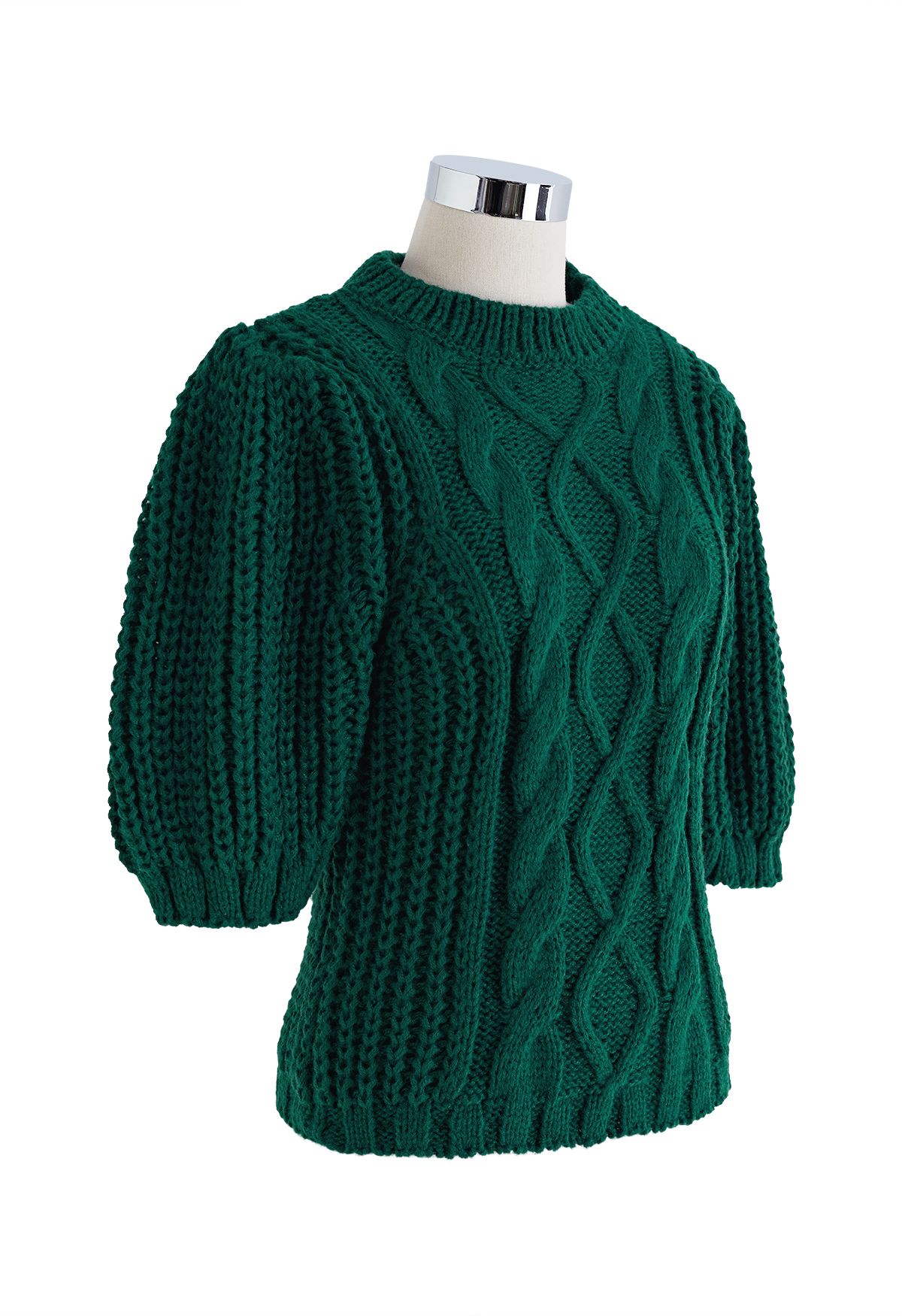 Suéter acanalado trenzado con manga de burbuja en verde oscuro