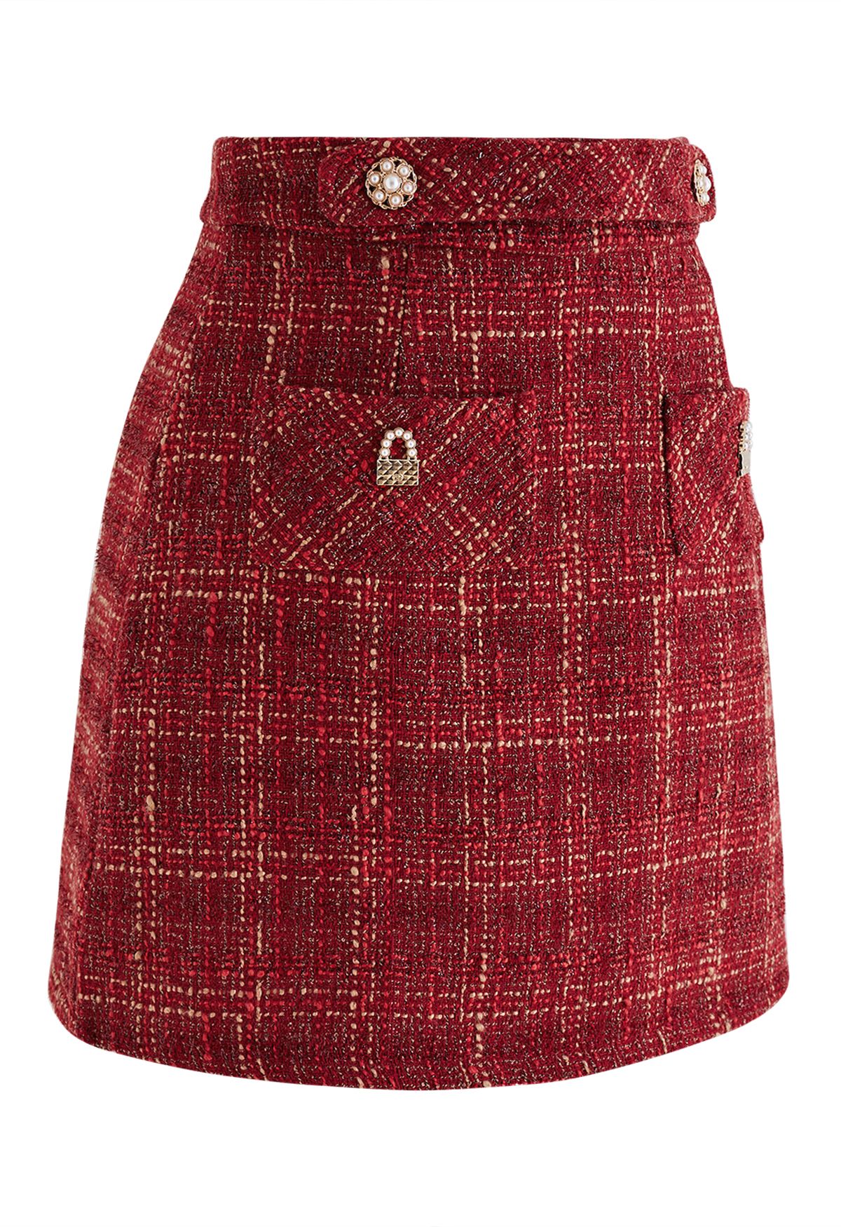 Minifalda de tweed a cuadros con hilo metalizado en rojo