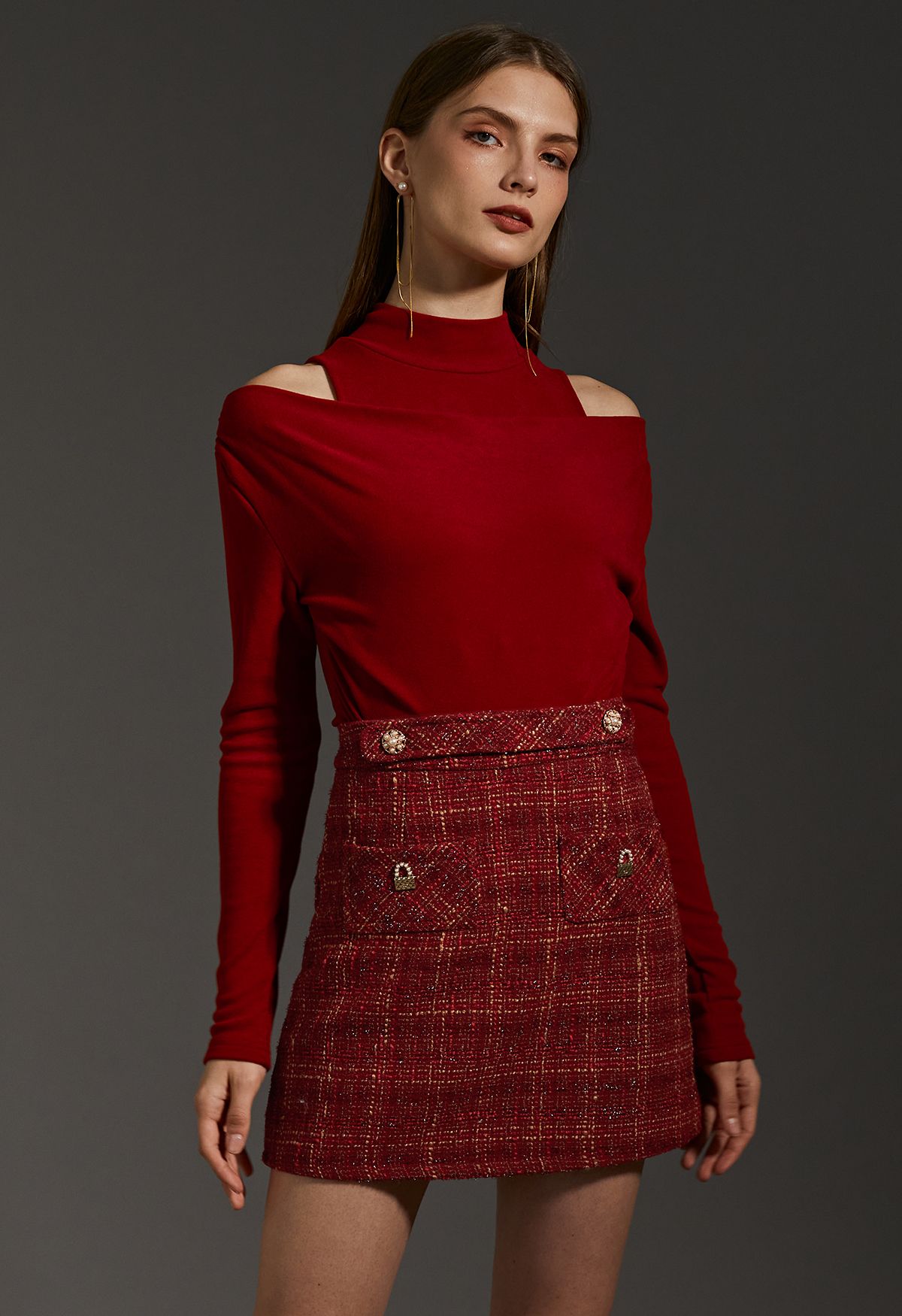 Minifalda de tweed a cuadros con hilo metalizado en rojo