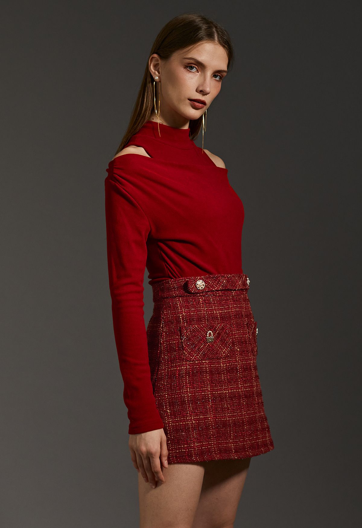 Minifalda de tweed a cuadros con hilo metalizado en rojo