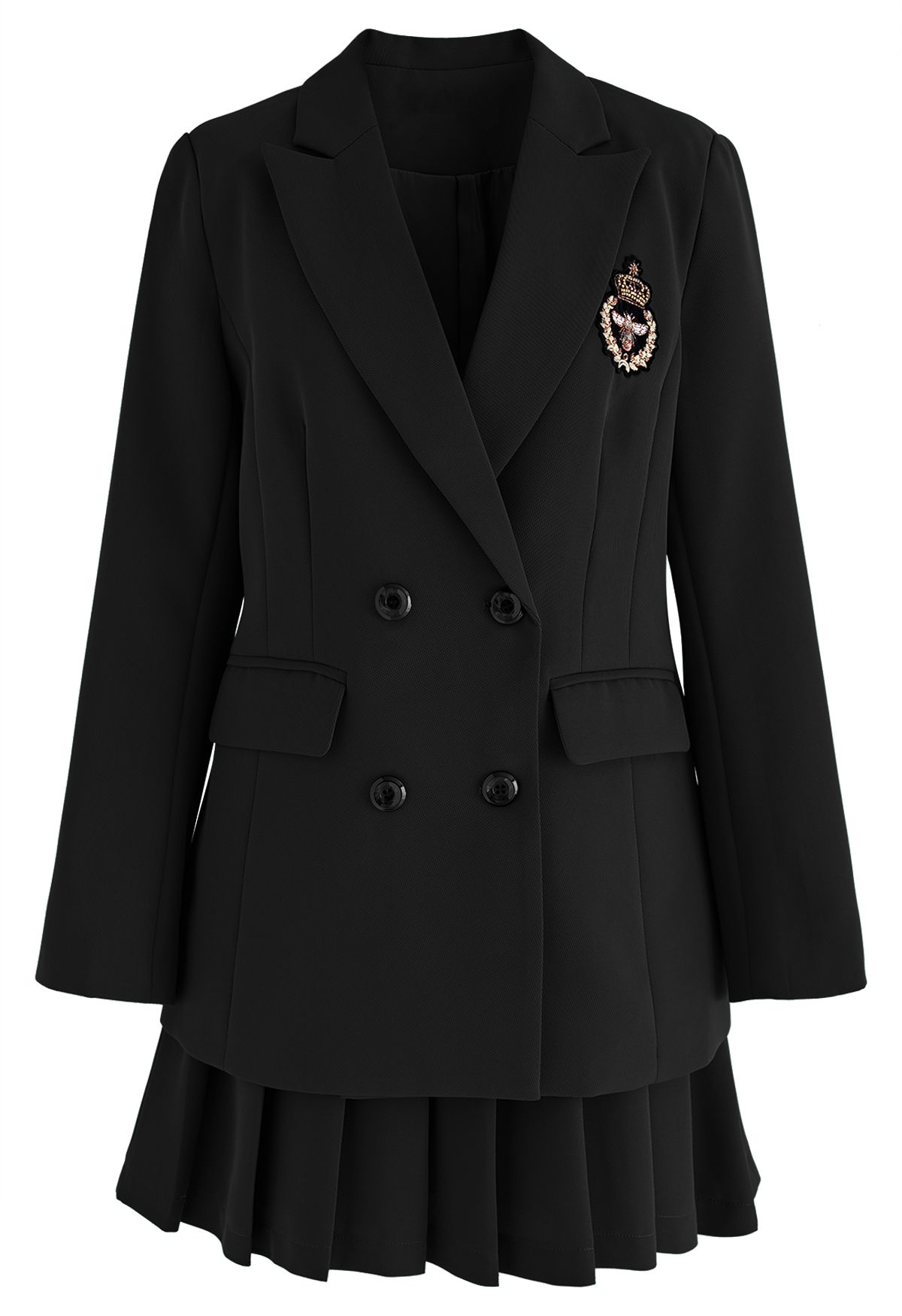 Conjunto de falda y blazer de color liso con insignia de abeja en negro