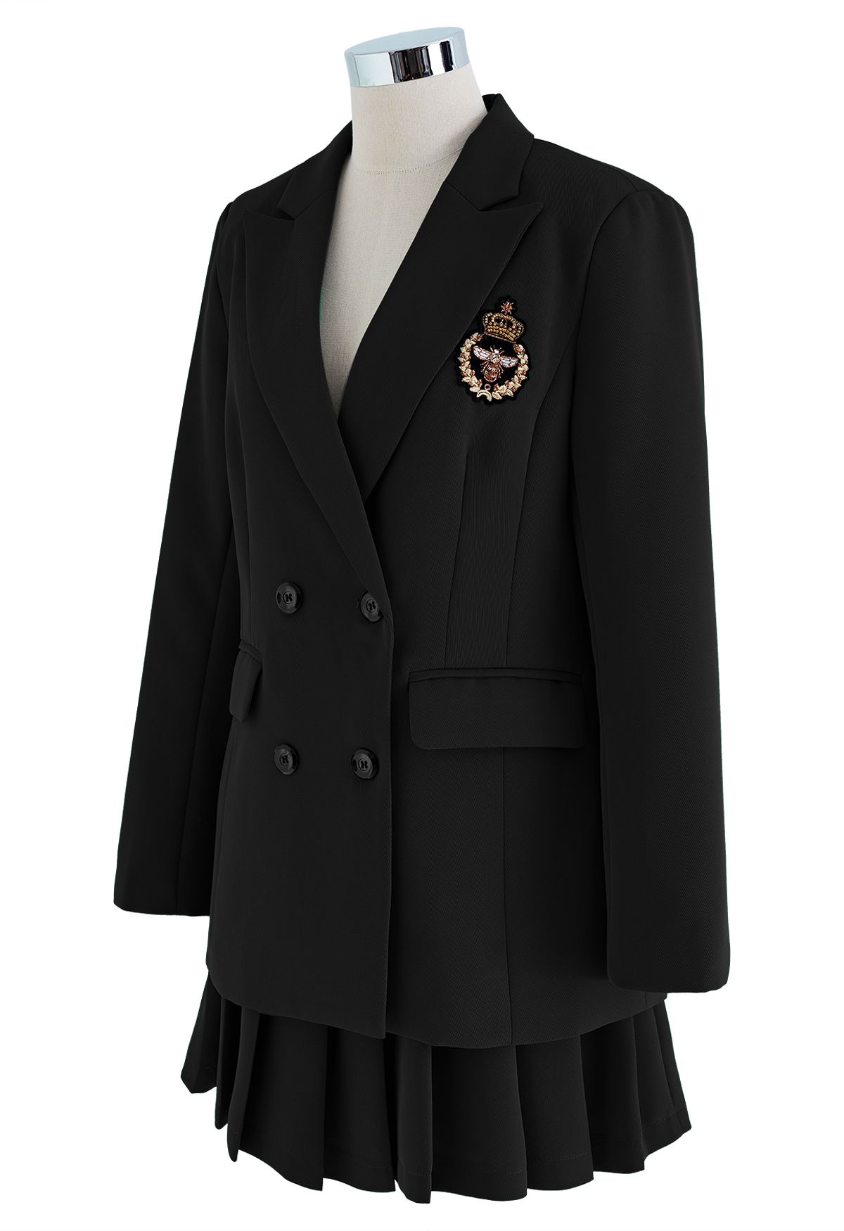 Conjunto de falda y blazer de color liso con insignia de abeja en negro
