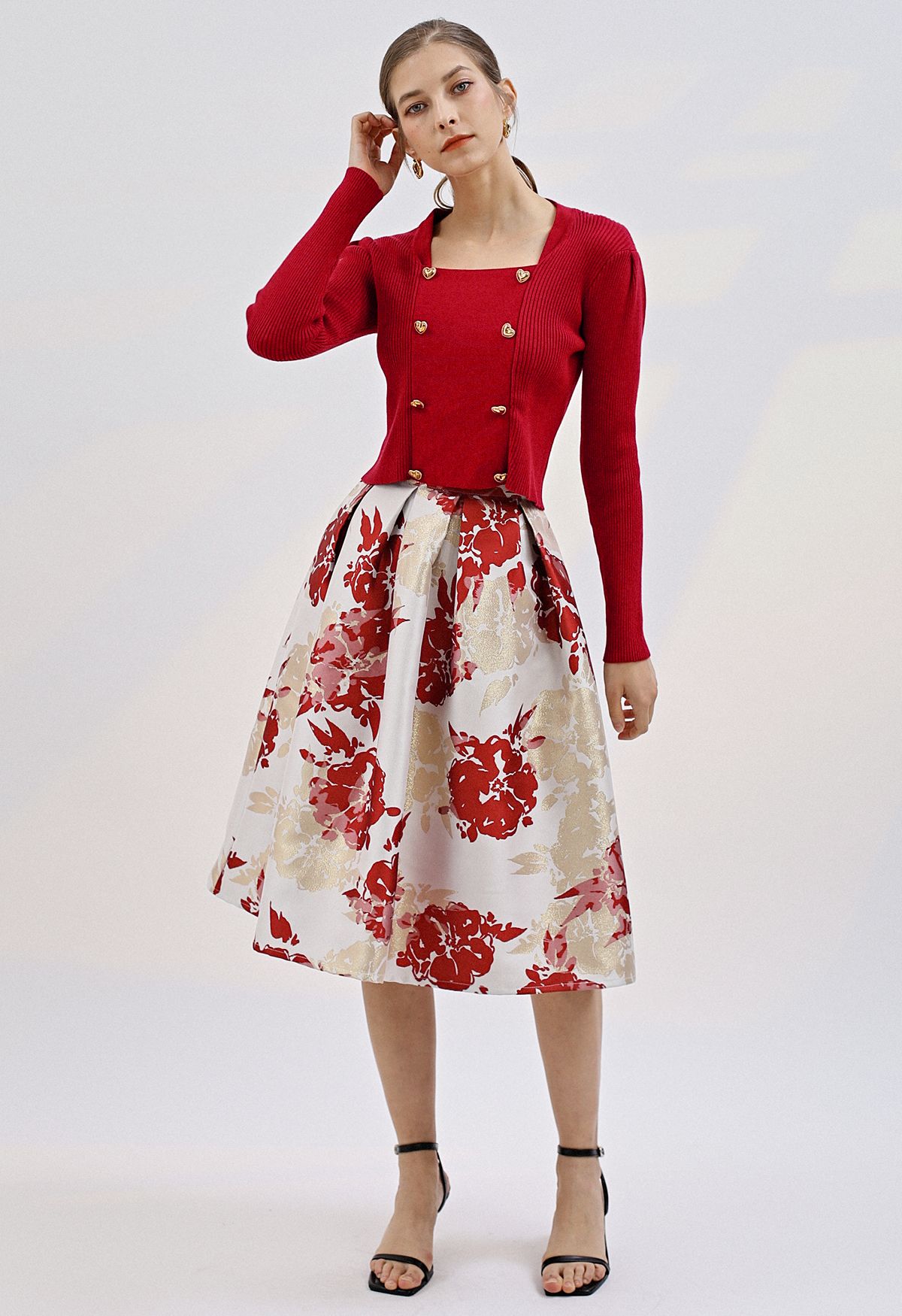 Falda midi plisada de jacquard floral floreciente en rojo