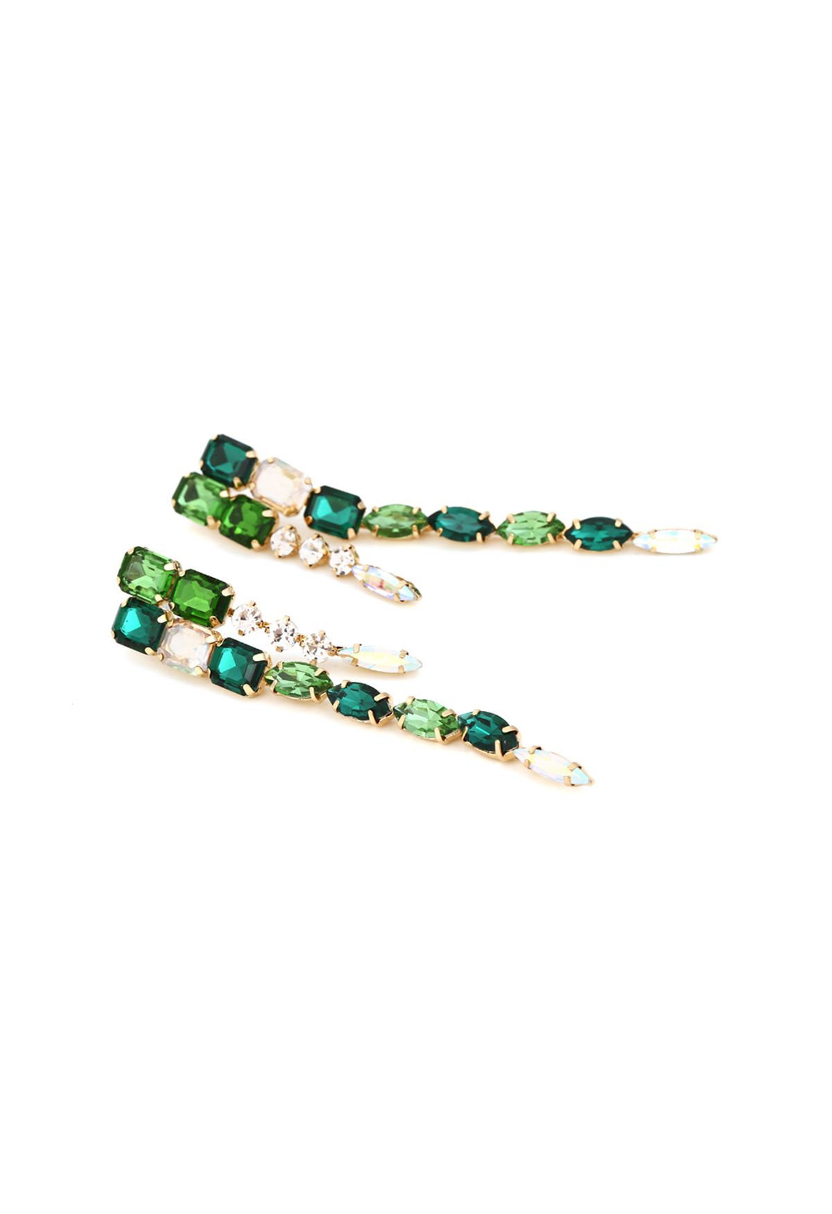 Aretes colgantes largos con gemas de esmeralda conectadas