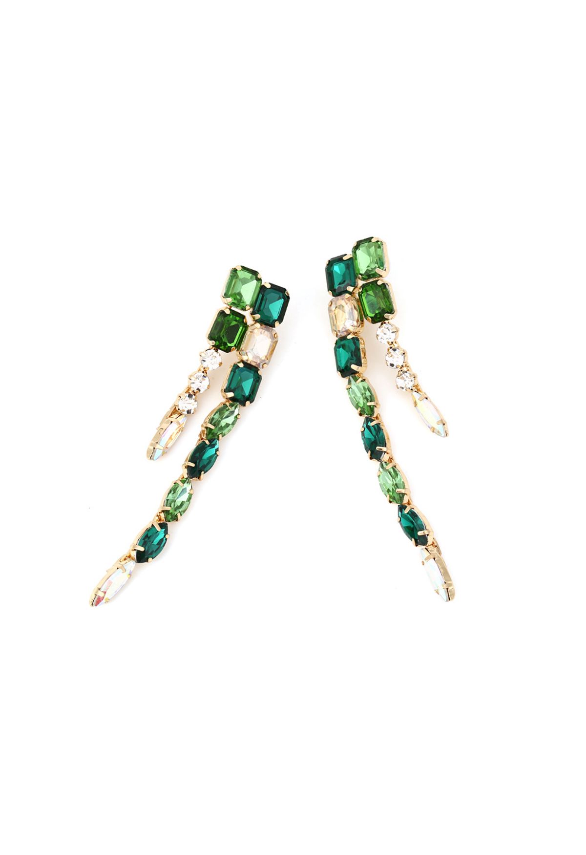 Aretes colgantes largos con gemas de esmeralda conectadas