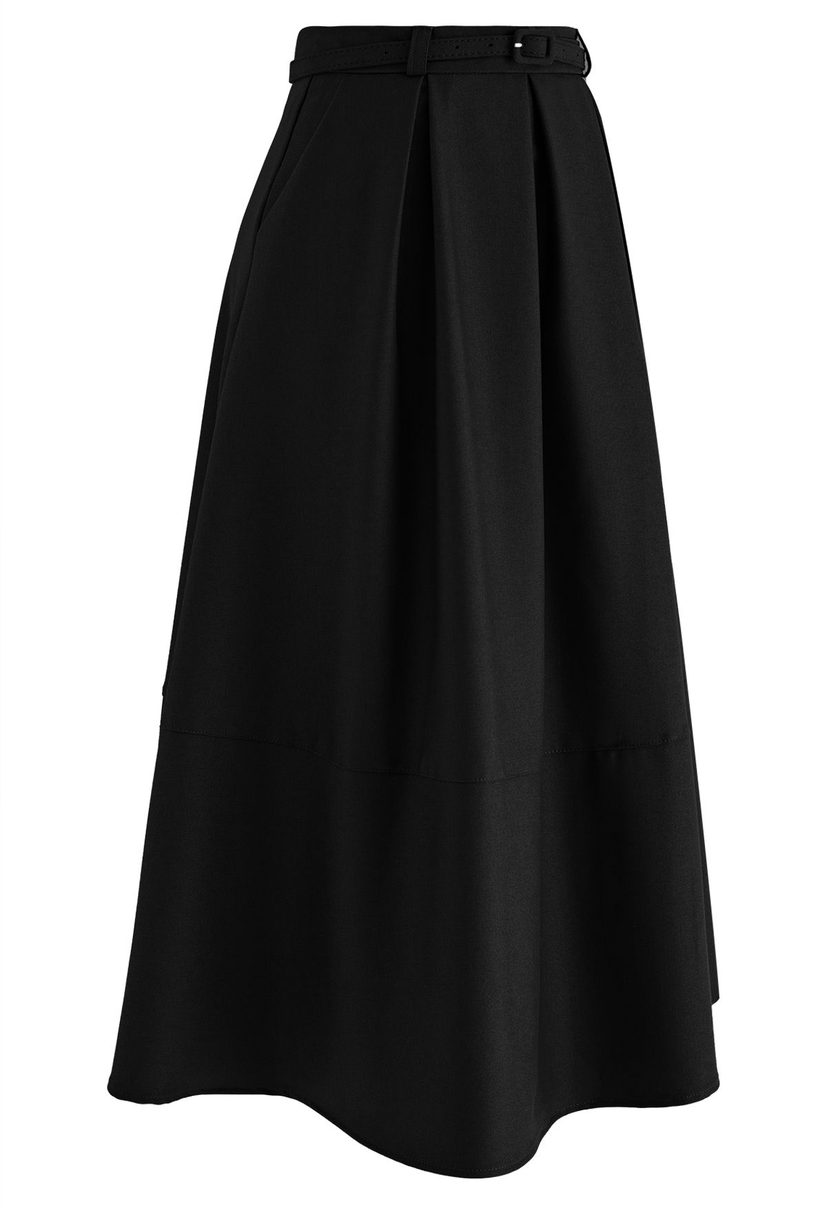 Falda midi con cinturón plisado y bolsillos laterales en negro