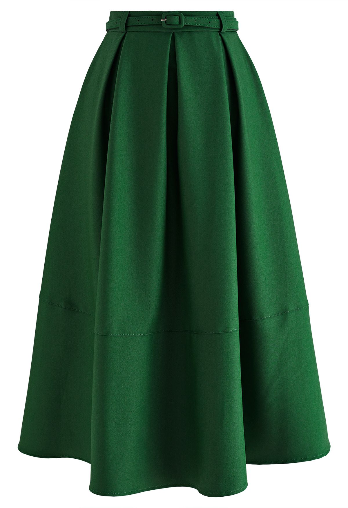 Falda midi con cinturón plisado y bolsillos laterales en esmeralda