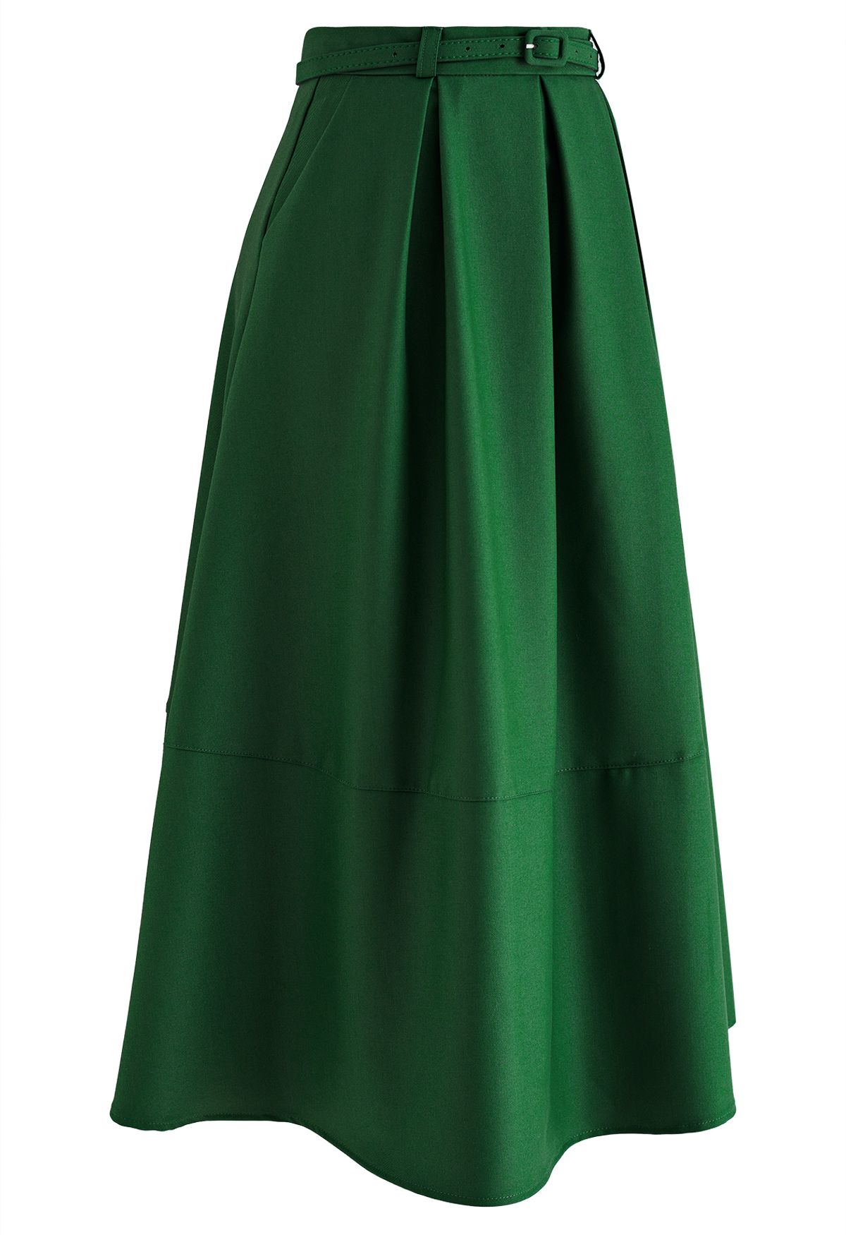 Falda midi con cinturón plisado y bolsillos laterales en esmeralda