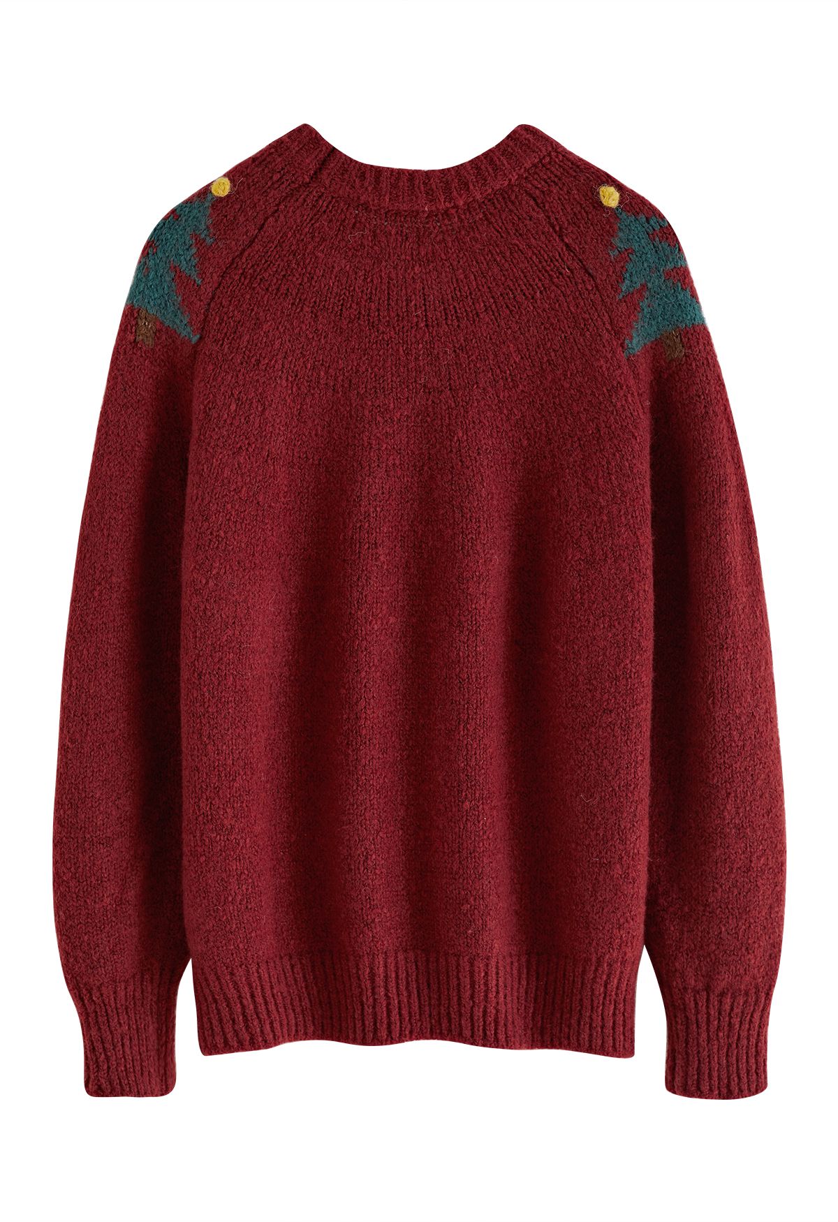 Suéter de punto grueso con pompones de árbol de Navidad en rojo