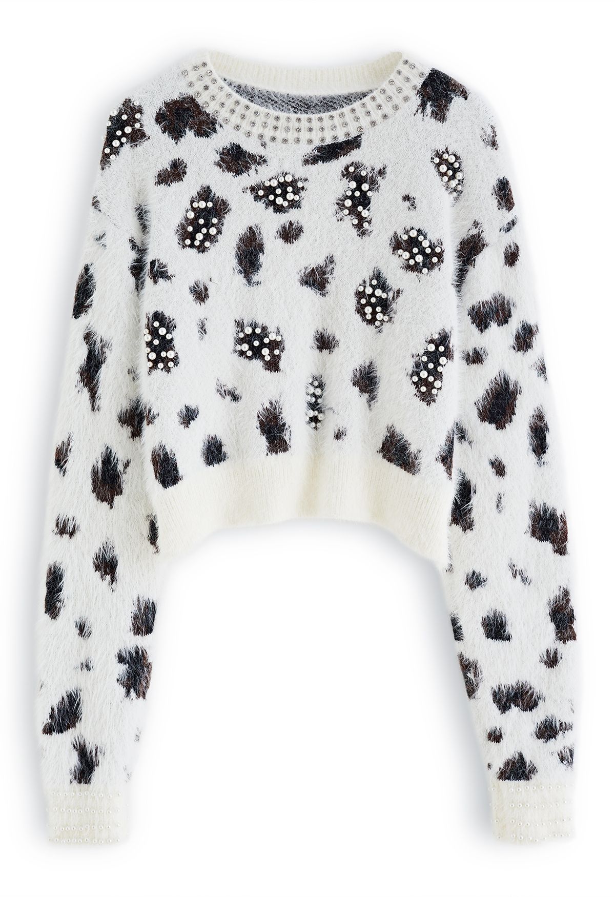 Suéter corto de punto fuzzy de leopardo nacarado en blanco