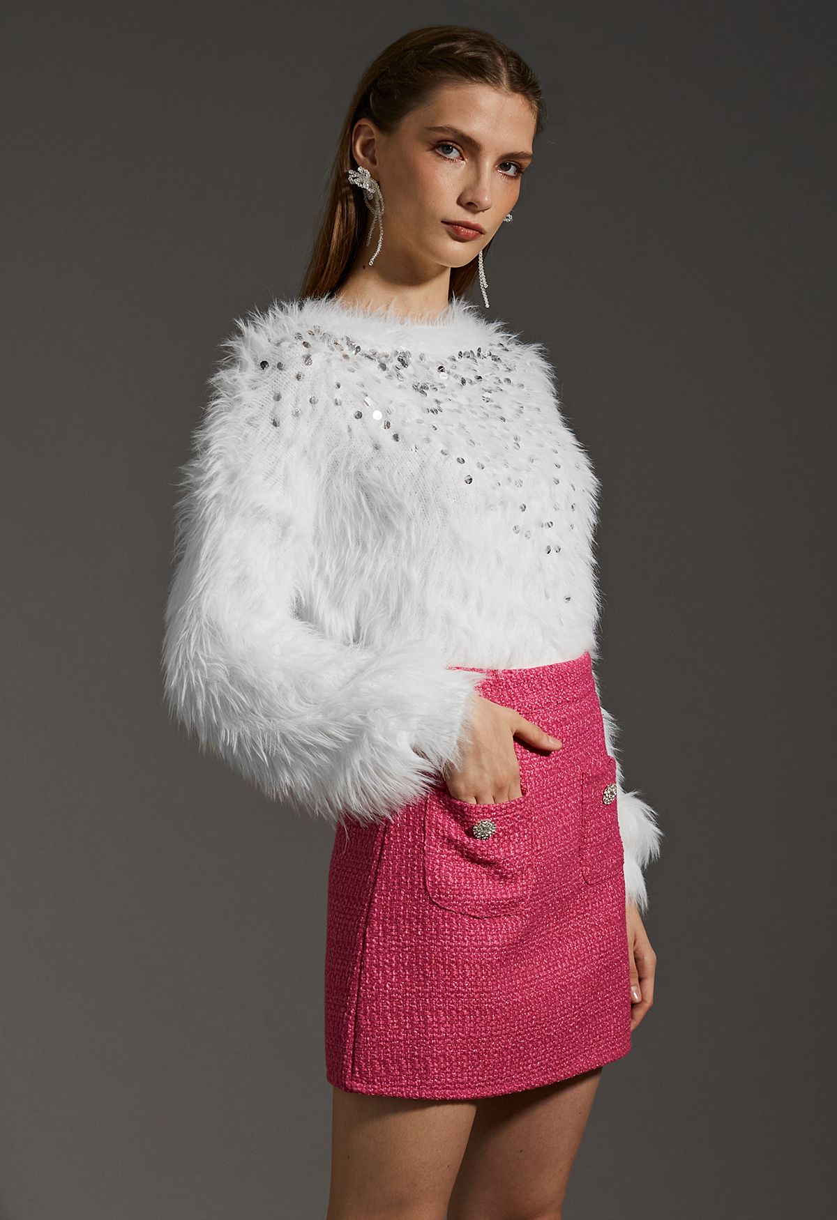 Minifalda pantalón de tweed Glaring Snowflake en rosa intenso
