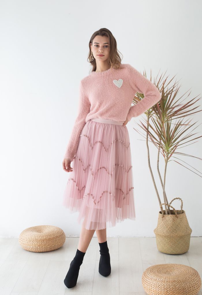 Suéter de punto suave y difuso con parche de corazón nacarado en rosa