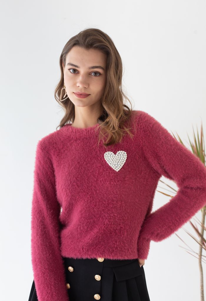 Suéter de punto suave difuso con parche de corazón nacarado (baya)