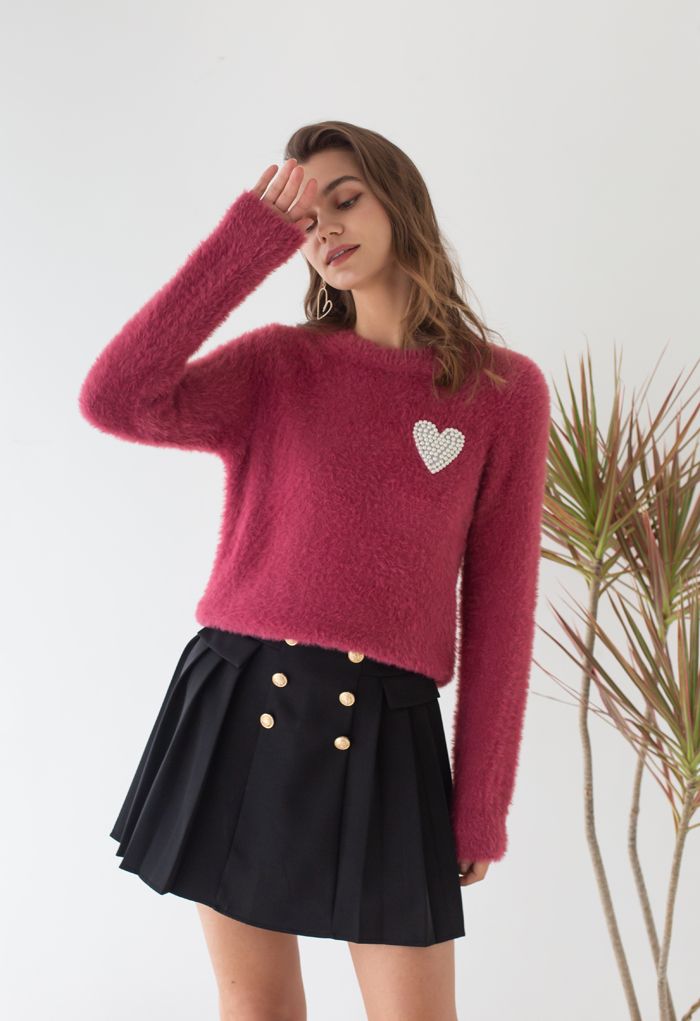 Suéter de punto suave difuso con parche de corazón nacarado (baya)