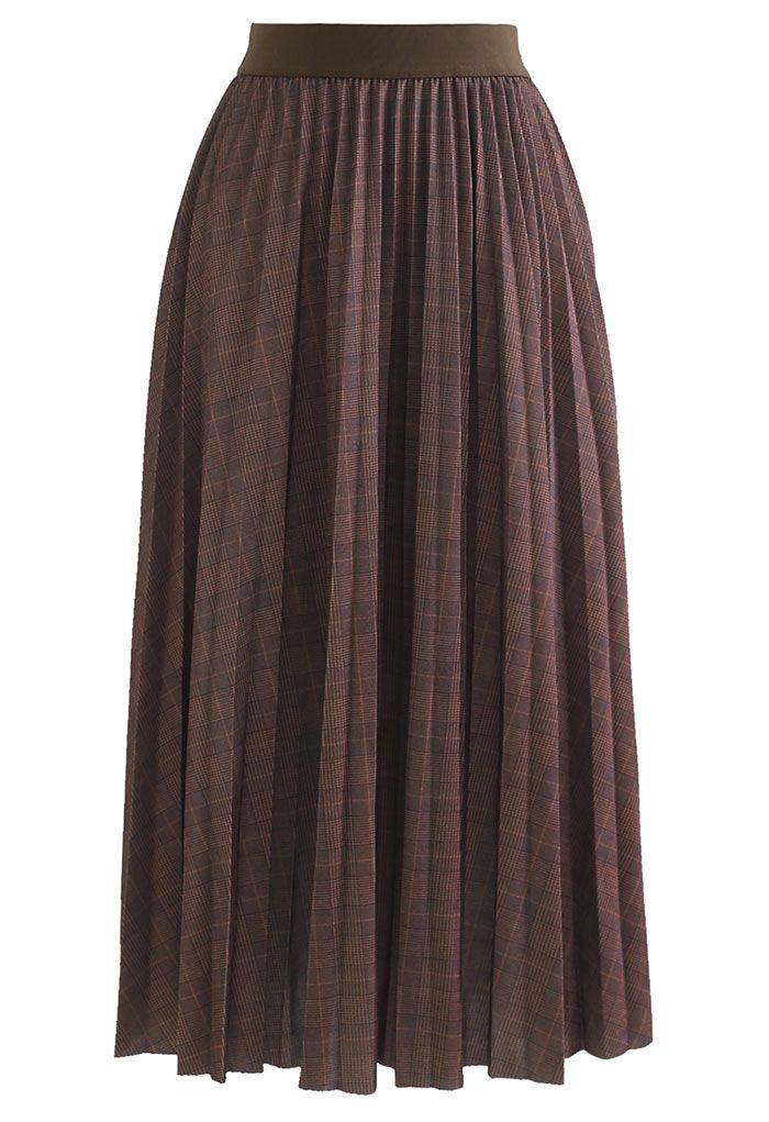 Falda midi plisada con estampado de cuadros marrón
