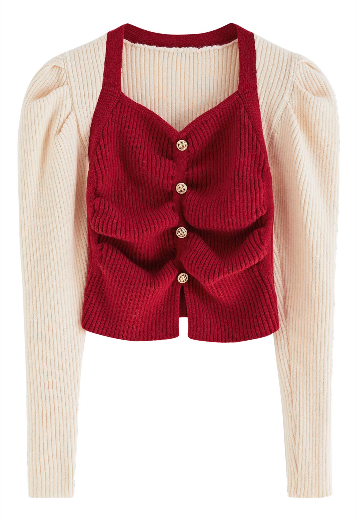 Suéter de punto con mangas abullonadas y botones en contraste en rojo