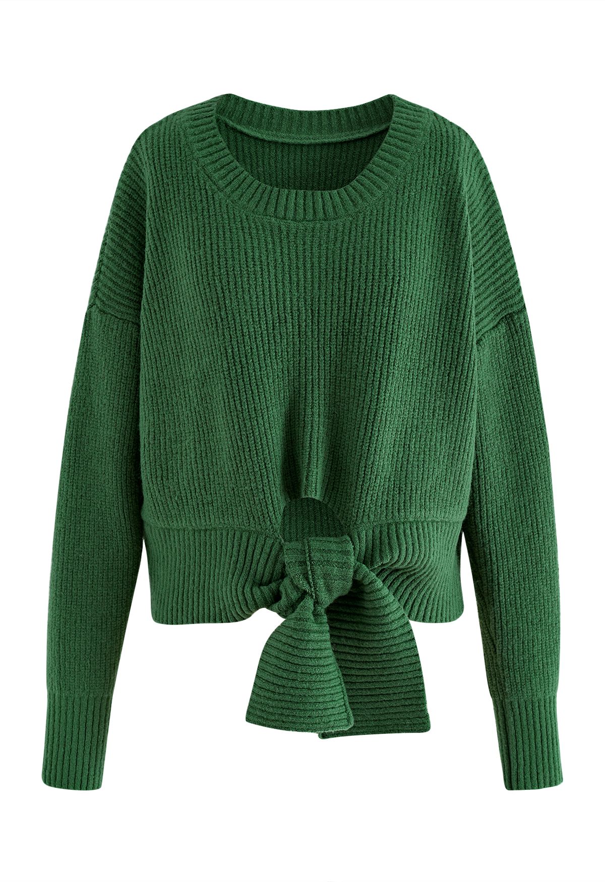 Suéter de punto con cuello redondo y nudo en verde