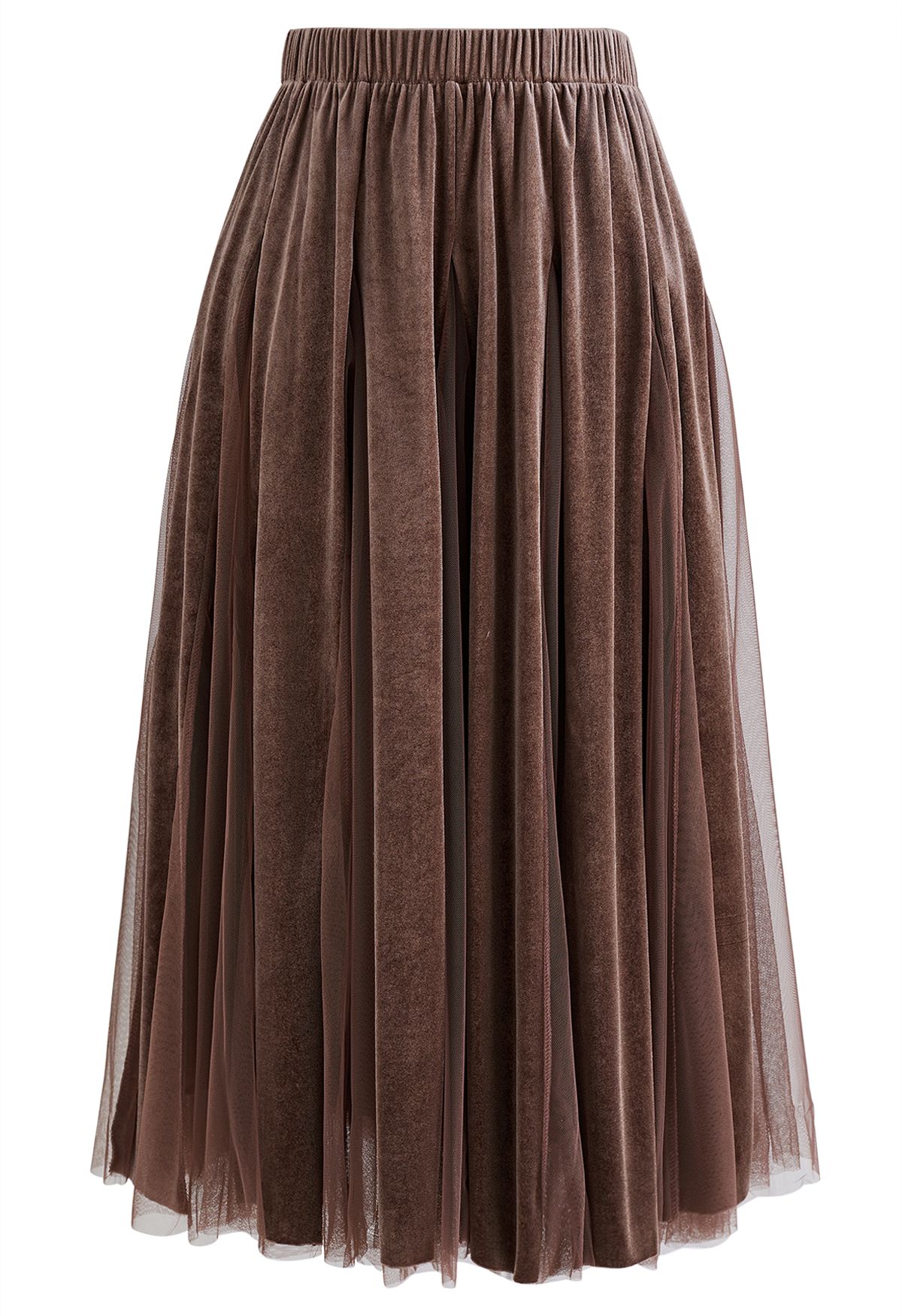 Falda midi con paneles de malla de terciopelo en marrón