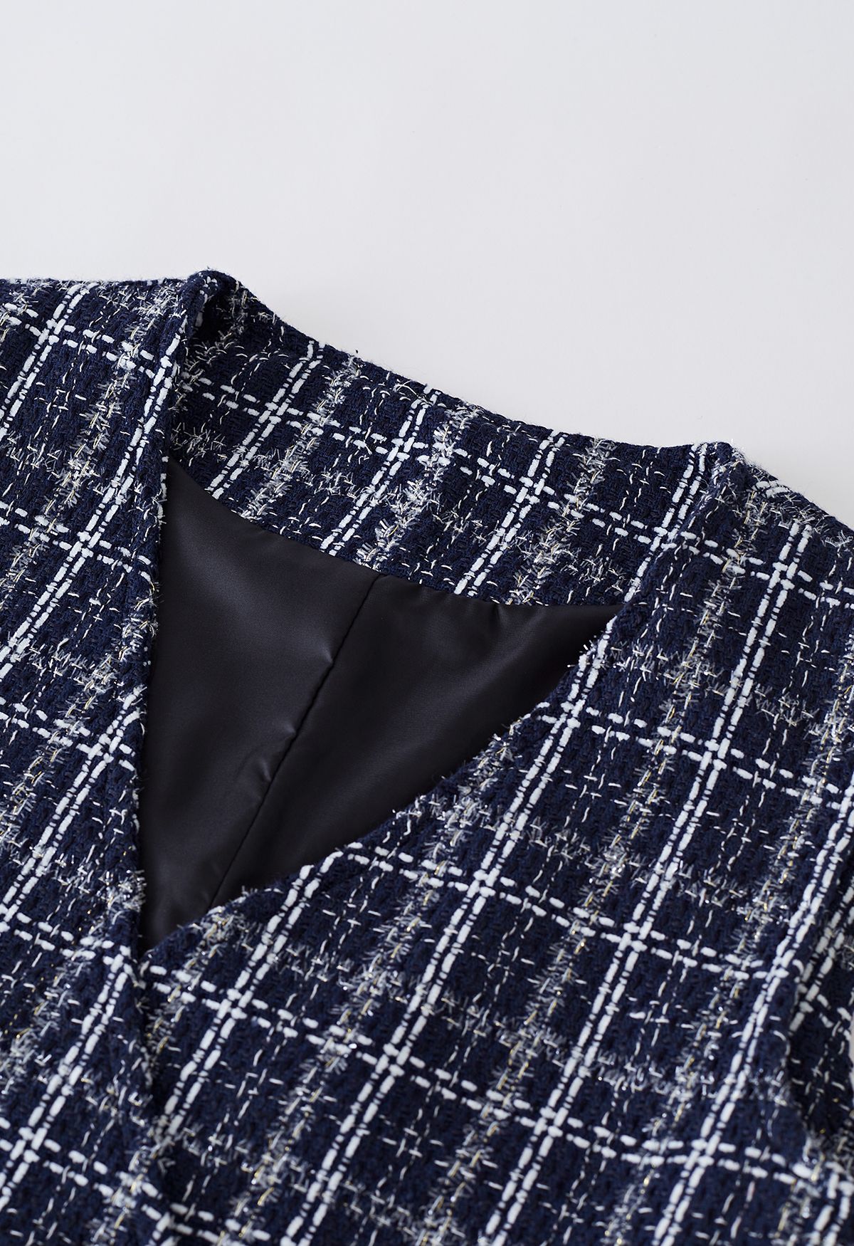 Conjunto de chaqueta corta de tweed de cuadrícula y vestido sin mangas con cinturón