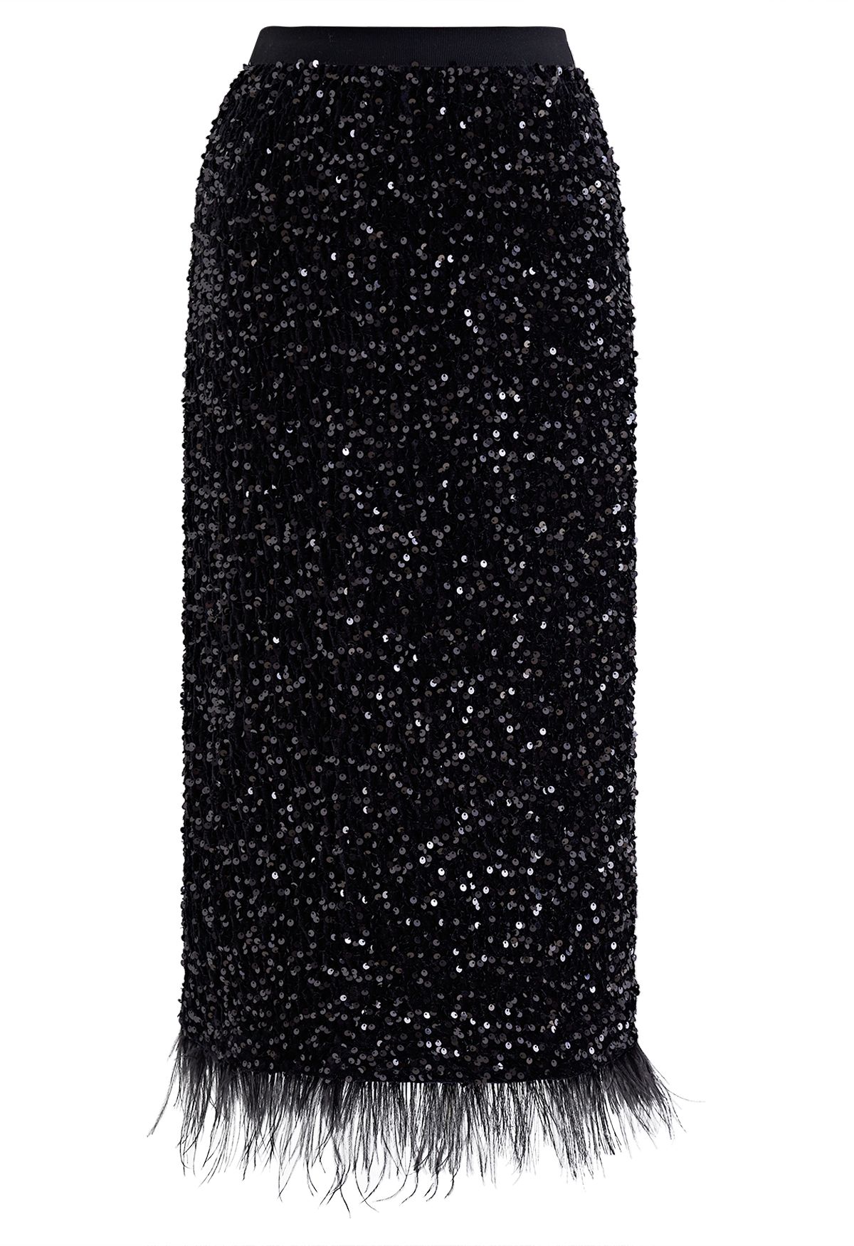 Falda de lápiz con dobladillo emplumado y lentejuelas de terciopelo en negro