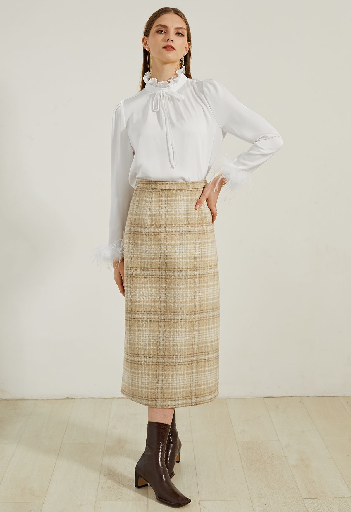 Elegante falda midi de tubo de mezcla de lana a cuadros