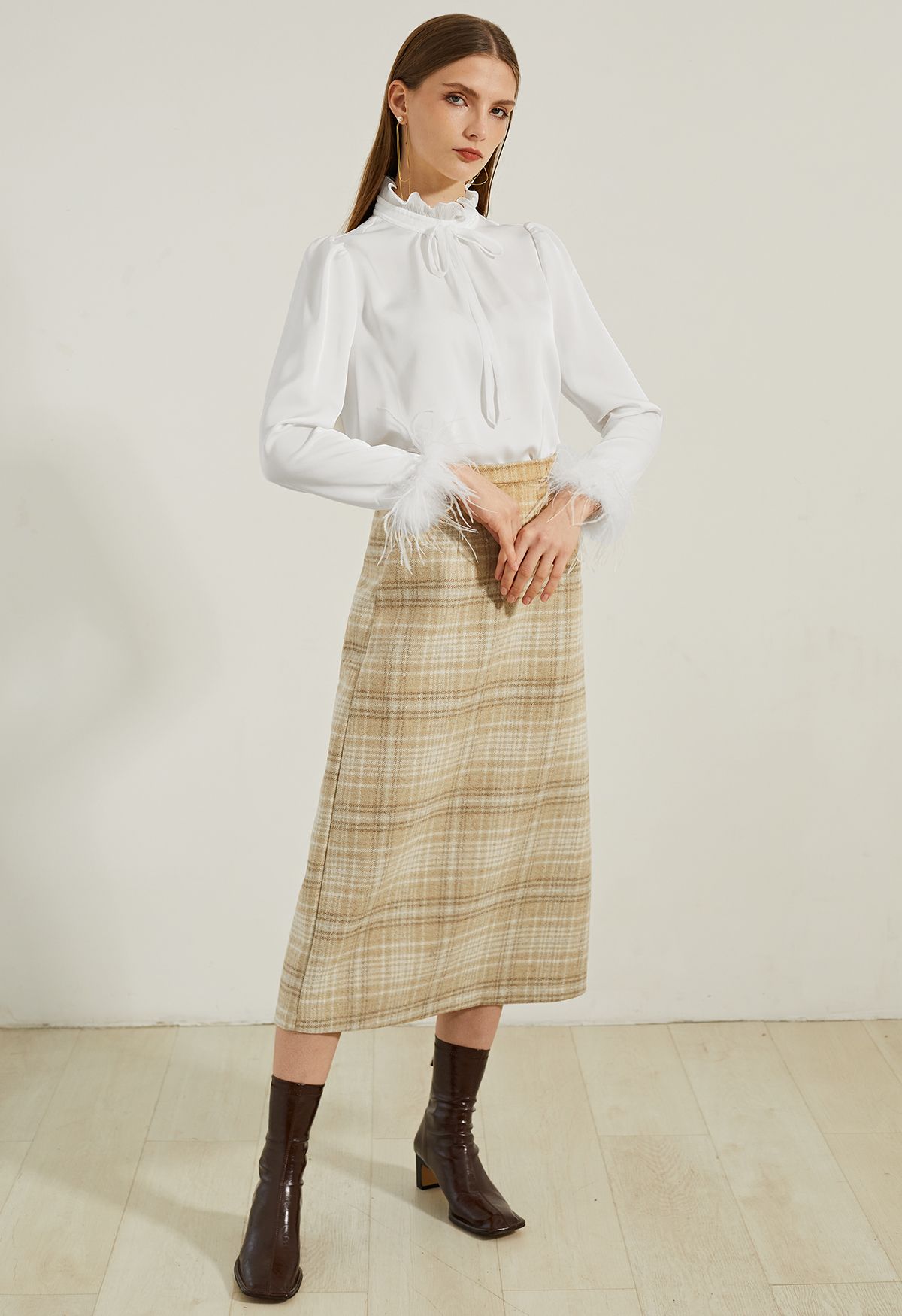 Elegante falda midi de tubo de mezcla de lana a cuadros