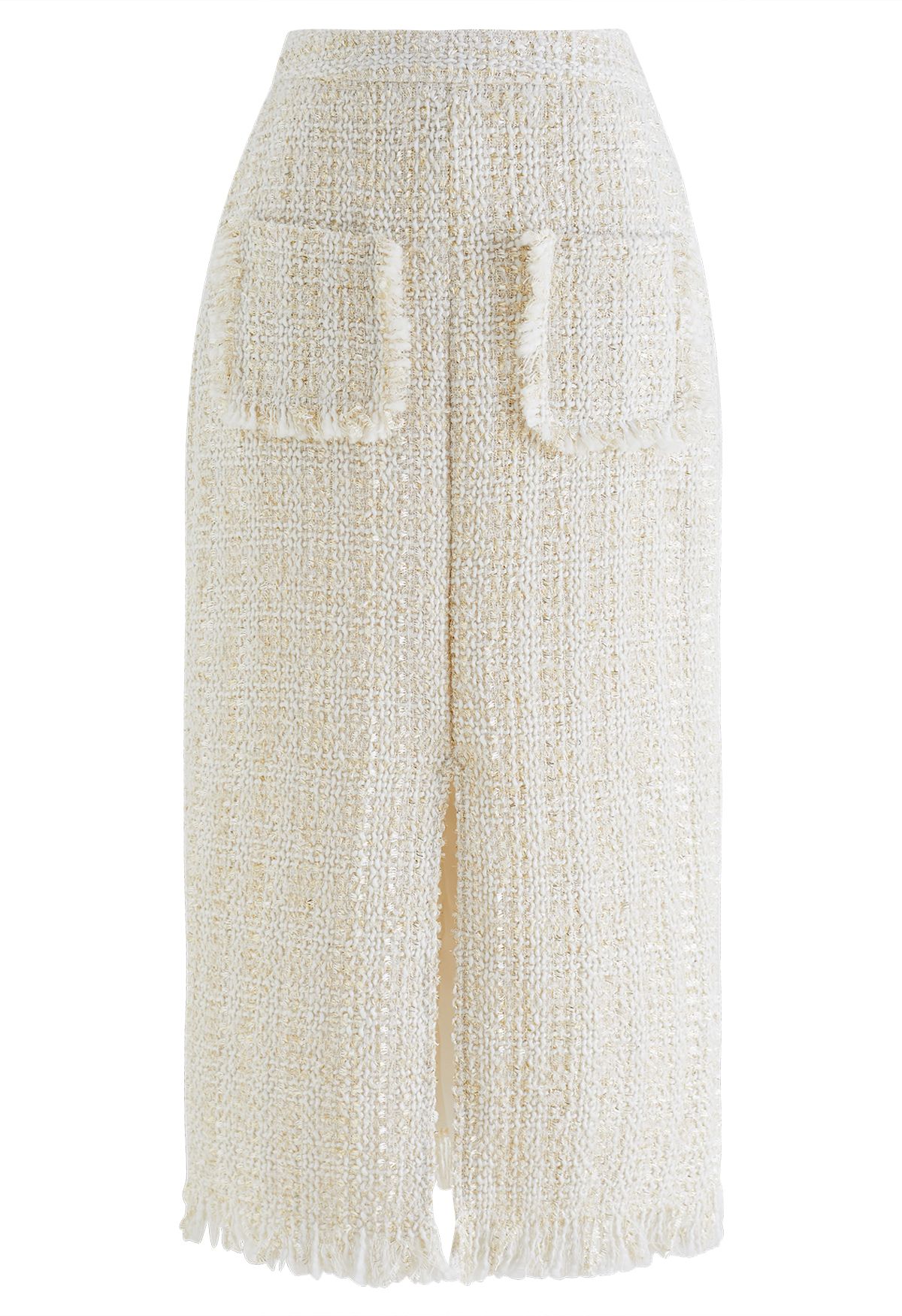 Falda de tubo con abertura y detalle de flecos de tweed brillante