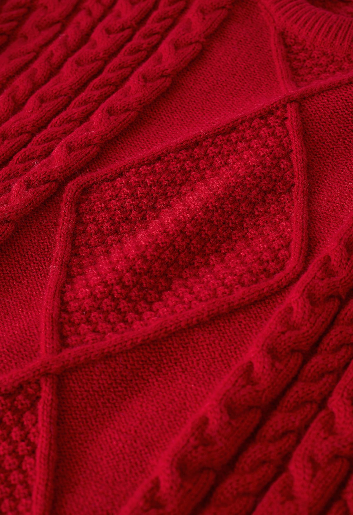 Jersey de ochos con bufanda con pompones en rojo