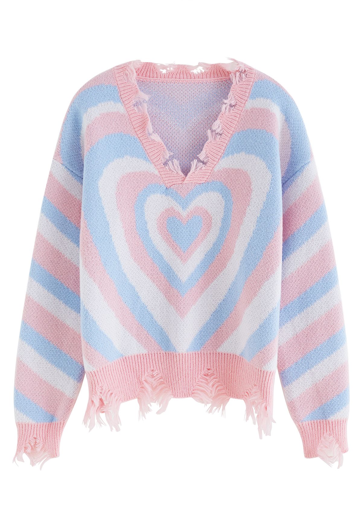 Suéter de punto con borde deshilachado de corazón multicapa en azul