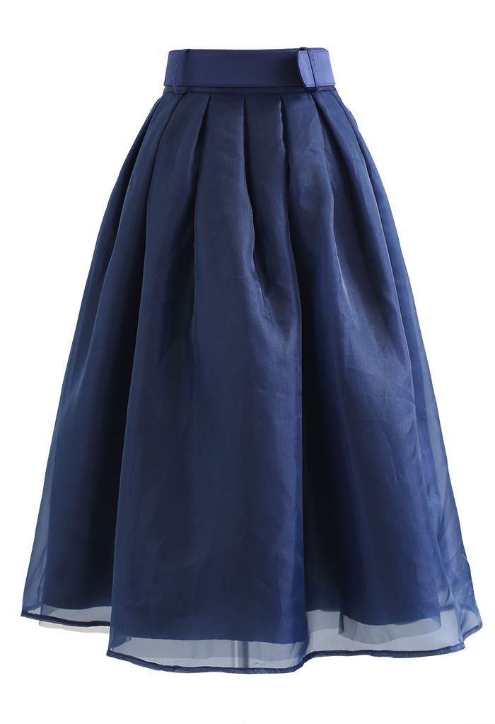 Falda midi plisada de Organdí suave en azul marino