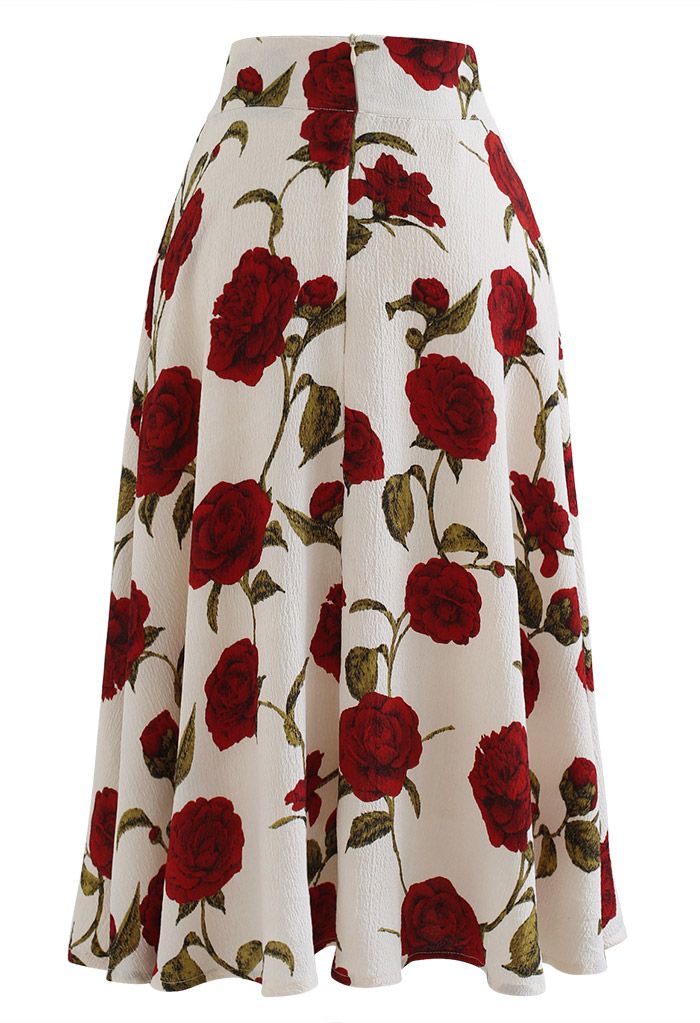 Falda midi acampanada con estampado de rosas rojas Serene