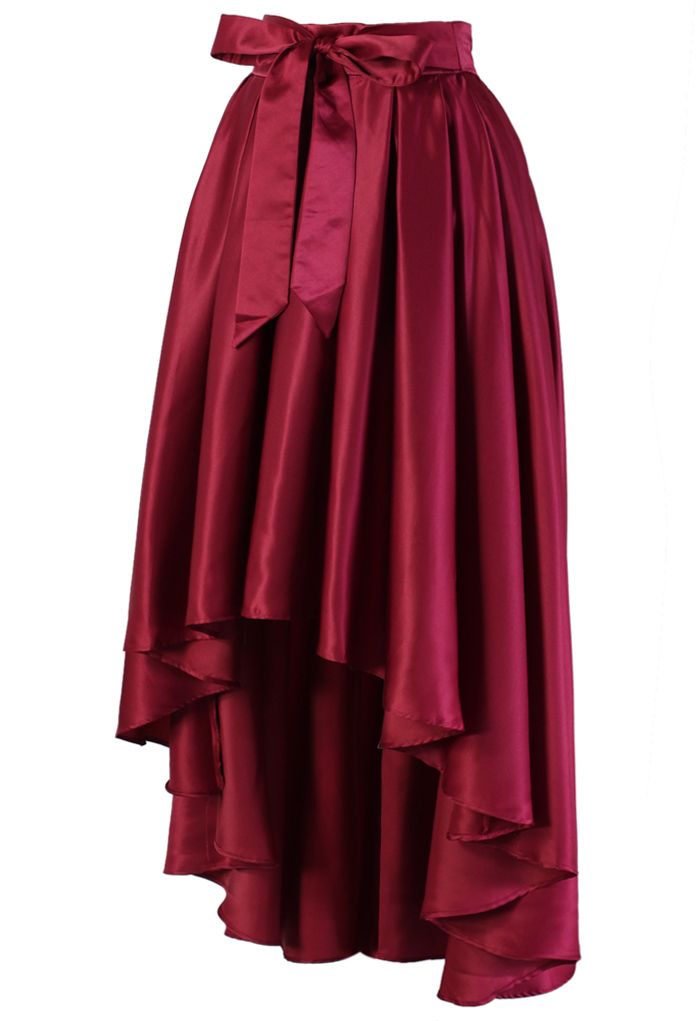 Falda Rojo Vino Asimétrica Estilo Cascada con Lazada