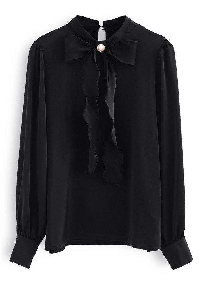 Camisa de satén brillante con lazo en negro