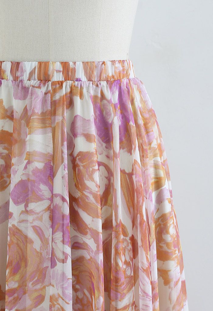 Falda larga de gasa con pintura de rosas
