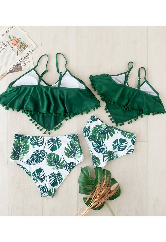 Conjunto de bikini con adornos de bolas lindas con estampado de hojas para mamá y niños