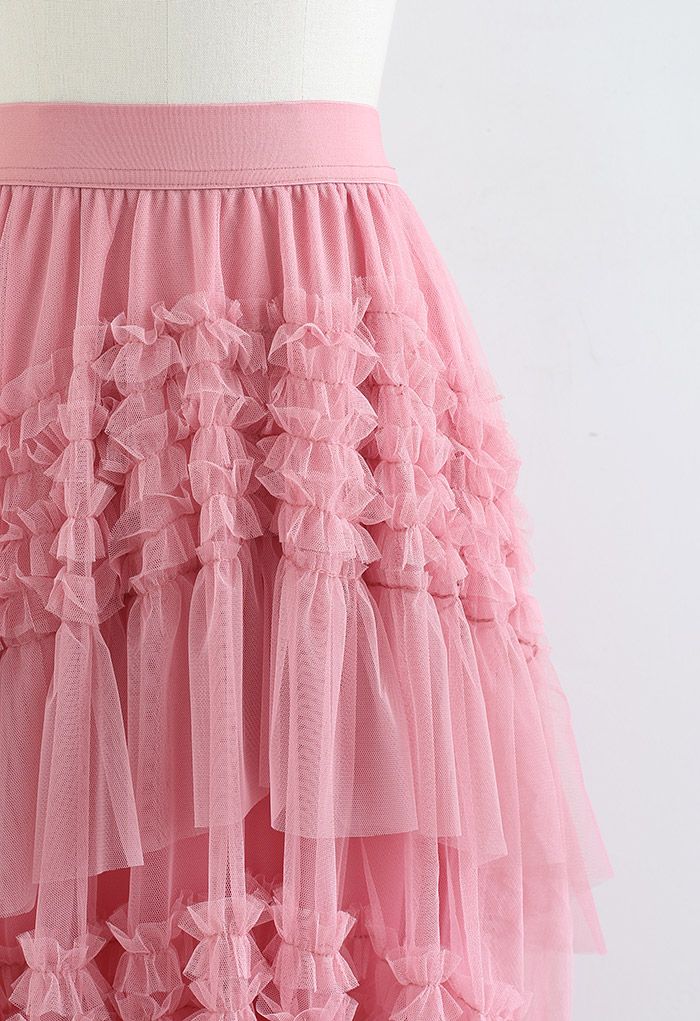 Falda de tul de malla Hi-Lo con volantes en niveles en rosa
