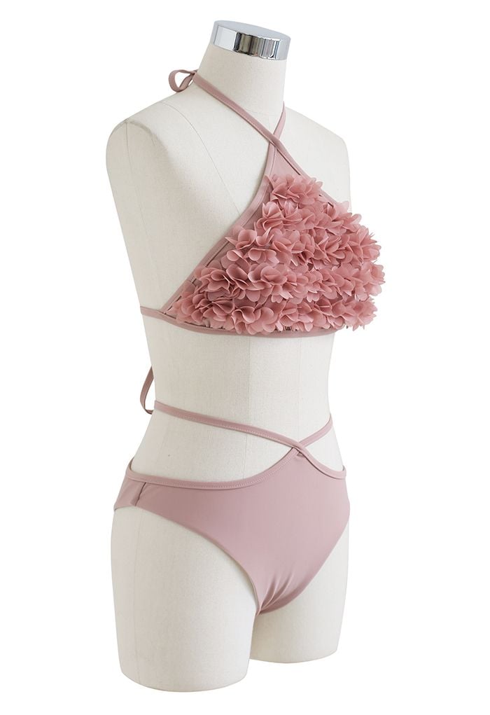 Conjunto de bikini con lazo en forma de triángulo 3D Petal en rosa claro