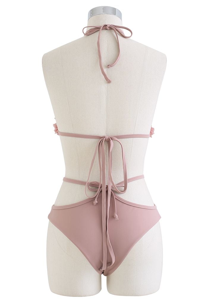 Conjunto de bikini con lazo en forma de triángulo 3D Petal en rosa claro