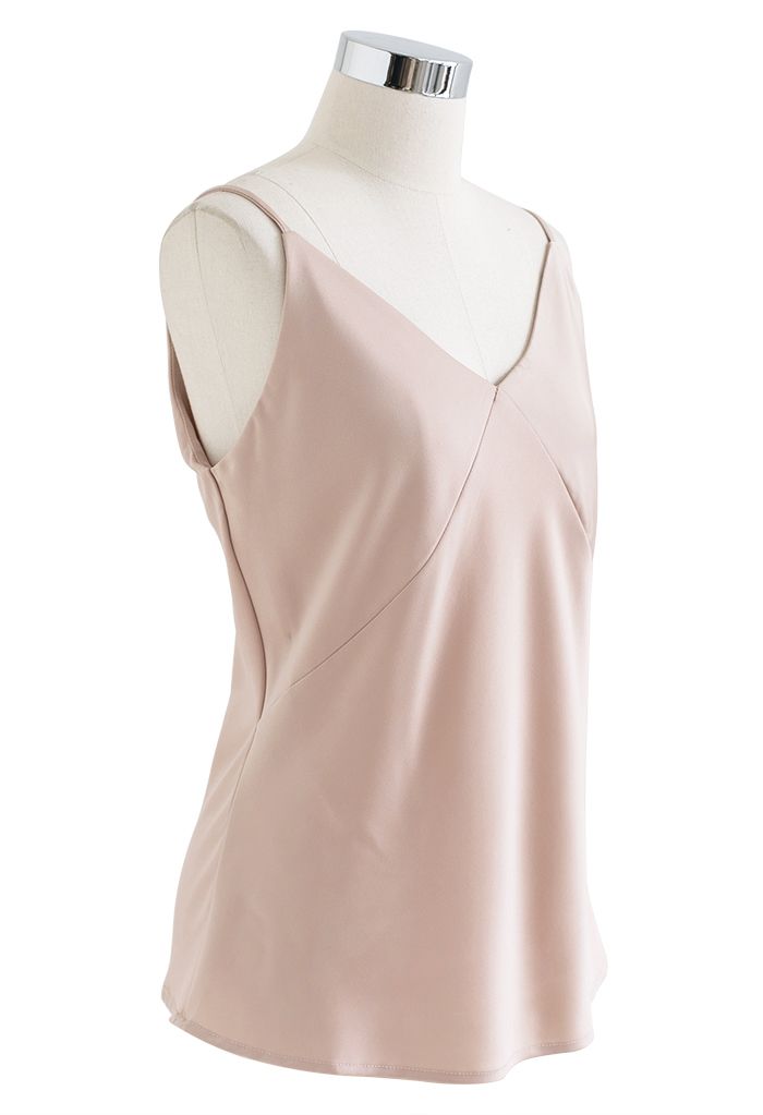 Camiseta sin mangas de satén con cuello en V en rosa nude