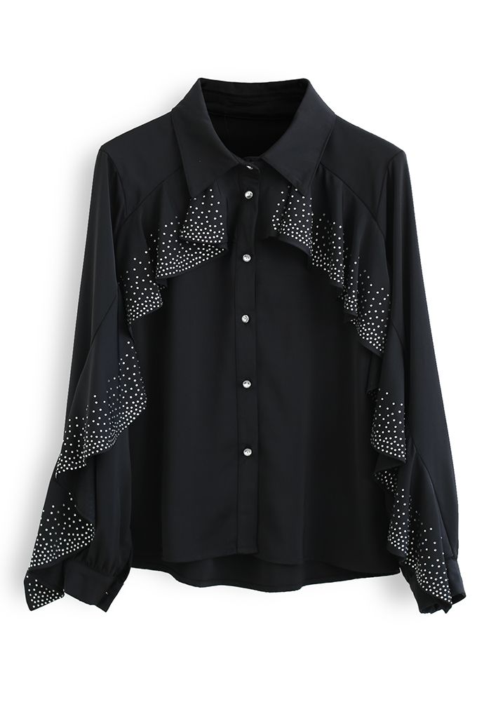 Camisa de satén con mangas con volantes de cristal en negro