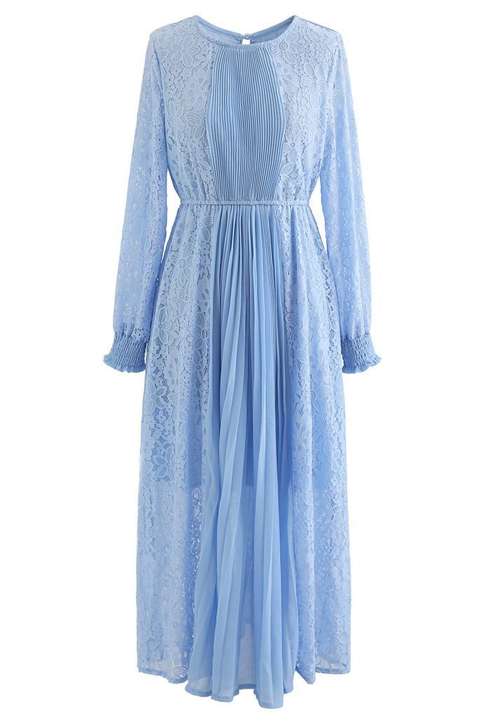 Vestido midi plisado con empalme de encaje floral en azul