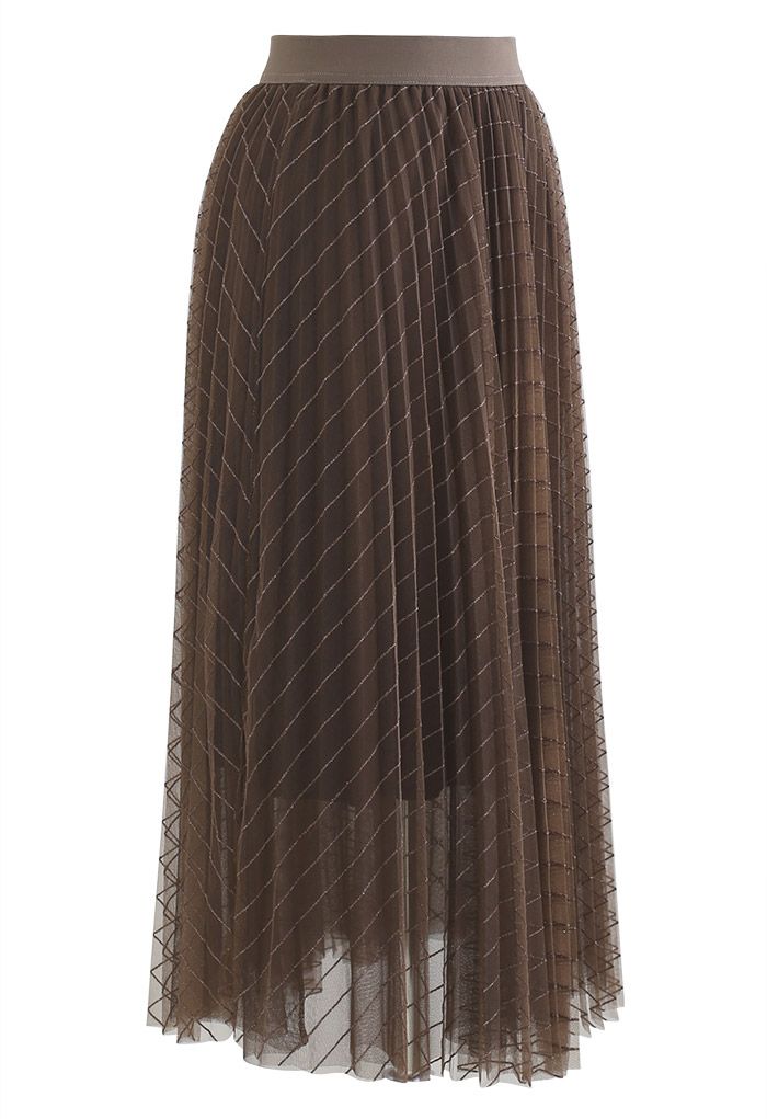 Falda de malla plisada con rayas brillantes en marrón