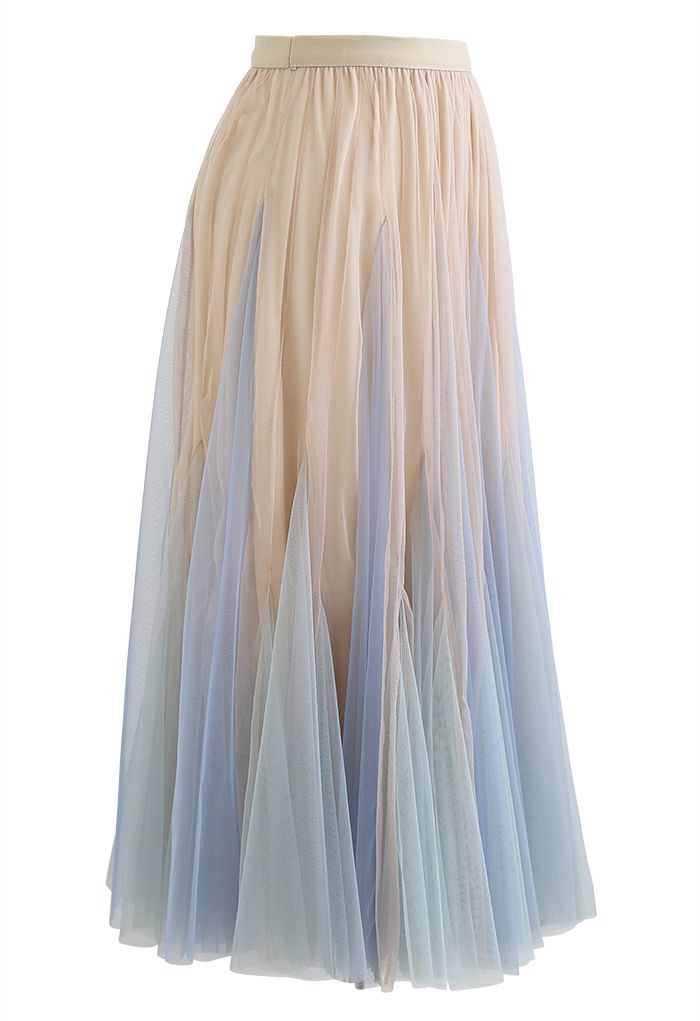 Falda larga con volantes de malla con paneles de bloque de color en color albaricoque