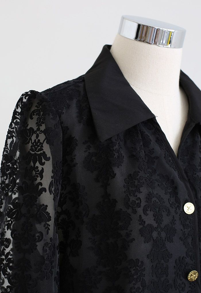 Camisa de Organdí semitransparente de jacquard floral en negro