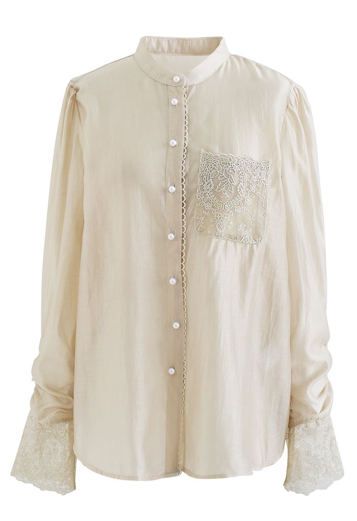 Camisa semitransparente con inserción de malla floral en tostado claro