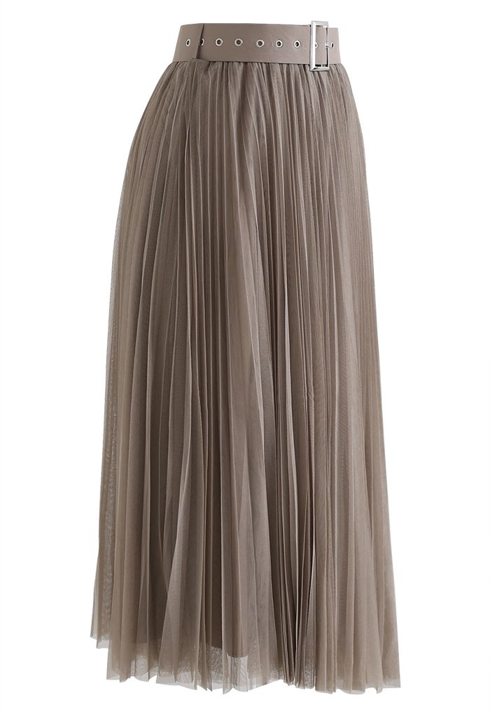 Falda midi de malla de doble capa con pliegues completos en marrón