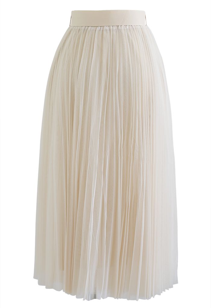 Falda midi de malla de doble capa con pliegues completos en crema